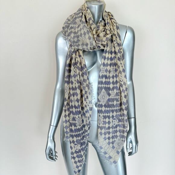LOUIS VUITTON Cashmere Silk Damier Azur Monogram Print Scarf Authentic - Picture 1 of 9
